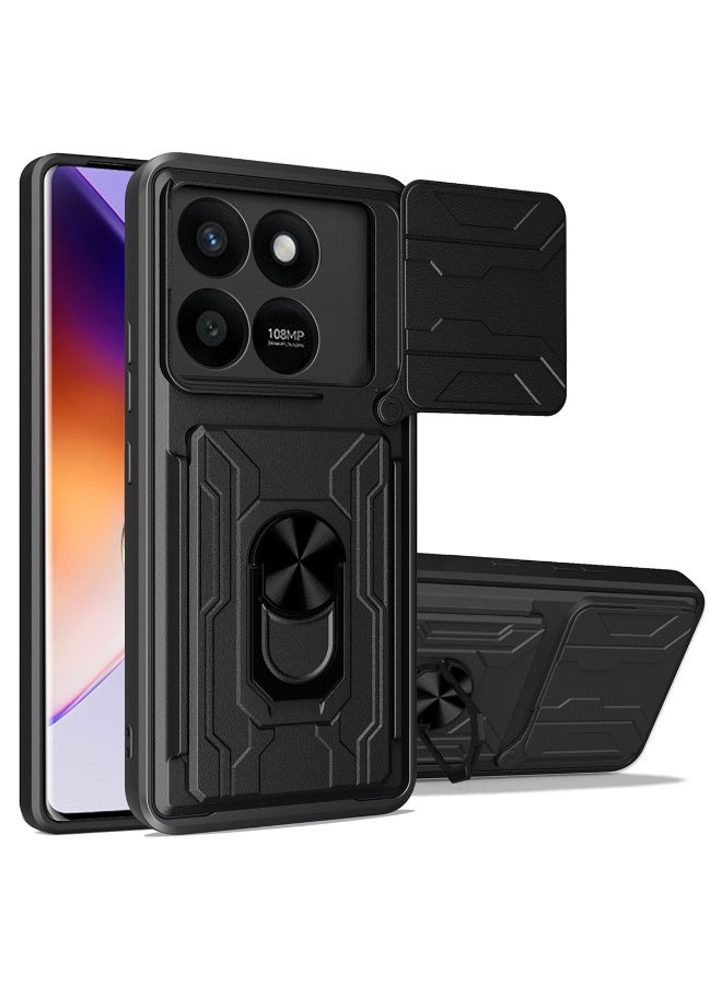 SanHu for Honor X7d 4G/5G Case, Card Holder & Slide Camera Lens Cover, Magnetic Ring Holder Kickstand Protective Phone Case for Honor X7d 4G/5G, Black - Image 1