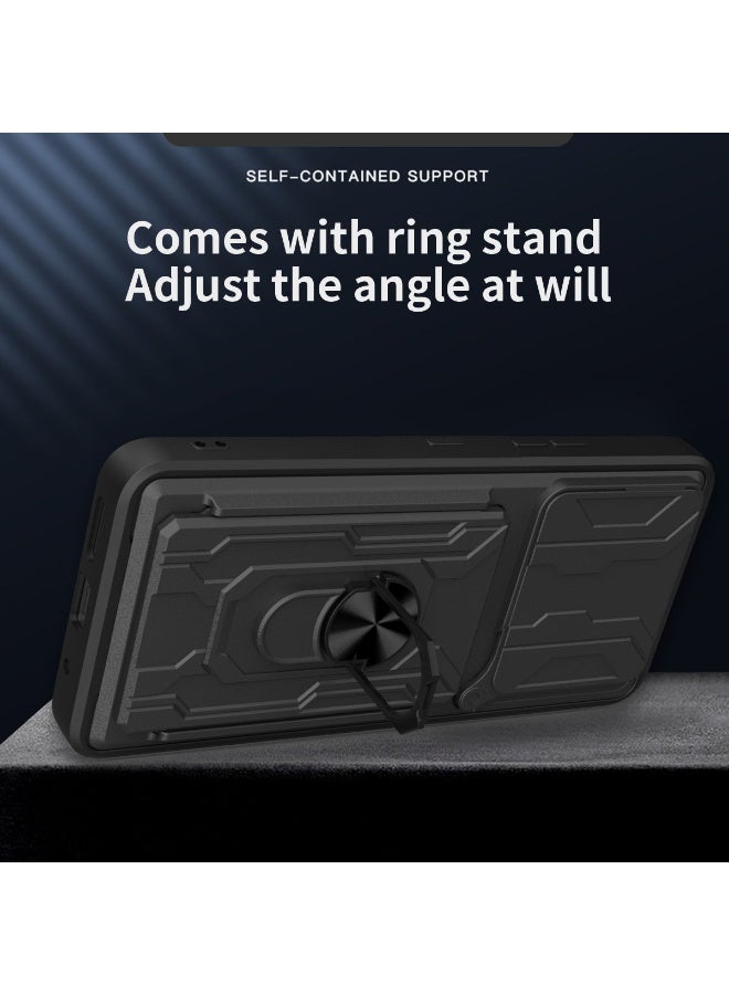 SanHu for Honor X7d 4G/5G Case, Card Holder & Slide Camera Lens Cover, Magnetic Ring Holder Kickstand Protective Phone Case for Honor X7d 4G/5G, Black - Image 2