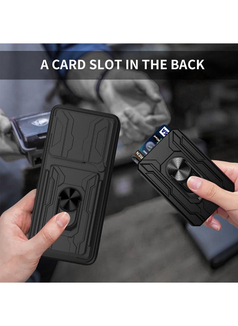 SanHu for Honor X7d 4G/5G Case, Card Holder & Slide Camera Lens Cover, Magnetic Ring Holder Kickstand Protective Phone Case for Honor X7d 4G/5G, Black - Image 3