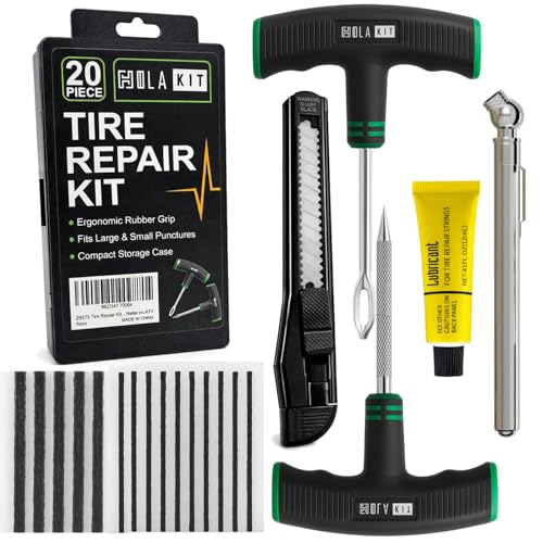 HolaKit 20PCS Tire Repair Kit Flat Tire Plug Kit includes Ergonomic THandle Tools with Rubber Covered Grip 2 Sizes Tire Repair strips Knife Tire Pressure Gauge Lubricant Car SUV Motorcycle ATV - Image 1