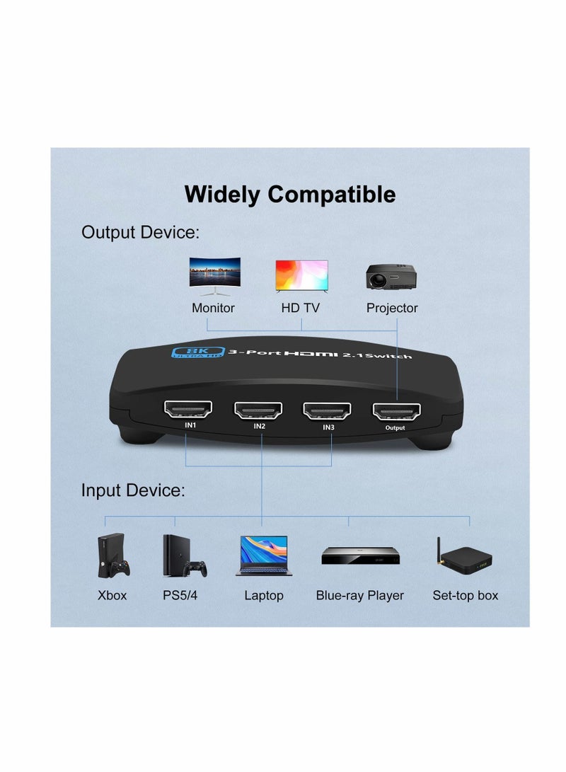 Y&D 8K HDMI 2.1 for Switch, 3 in 1 Out Switcher 8K@60Hz 4K@120Hz, Support Button and Remote Control Switching, High Speed 48Gbps  - Image 5