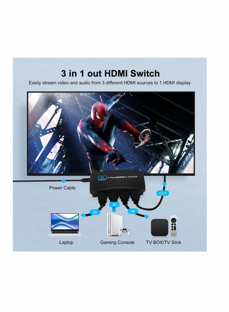 Y&D 8K HDMI 2.1 for Switch, 3 in 1 Out Switcher 8K@60Hz 4K@120Hz, Support Button and Remote Control Switching, High Speed 48Gbps  - Image 2