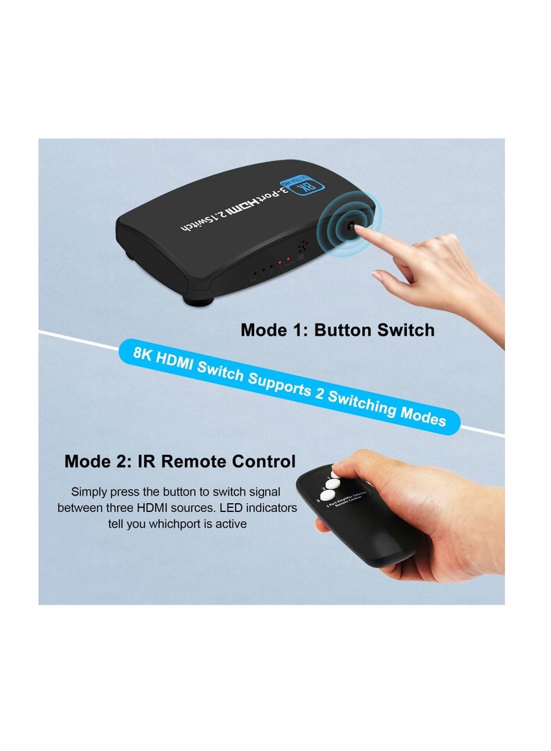 Y&D 8K HDMI 2.1 for Switch, 3 in 1 Out Switcher 8K@60Hz 4K@120Hz, Support Button and Remote Control Switching, High Speed 48Gbps  - Image 4