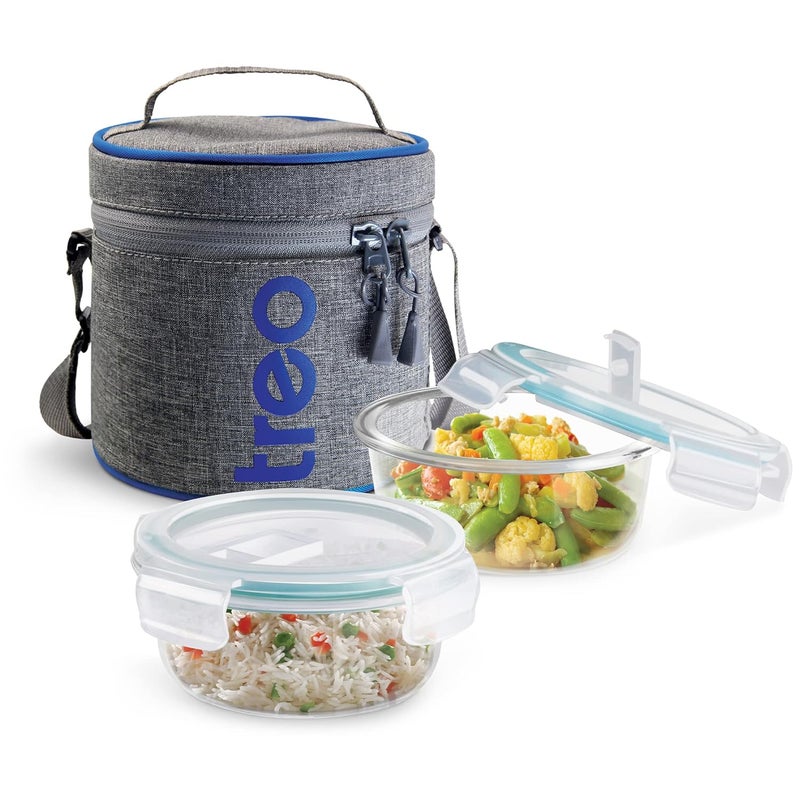 TREO by Milton All Fresh Glass Lunch Box Set of 2, Clear, 400 ml Each with Lunch Bag, Microwave & Dishwasher Safe, Leak Proof Containers, Borosilicate Glass, Office Tiffin - Image 1