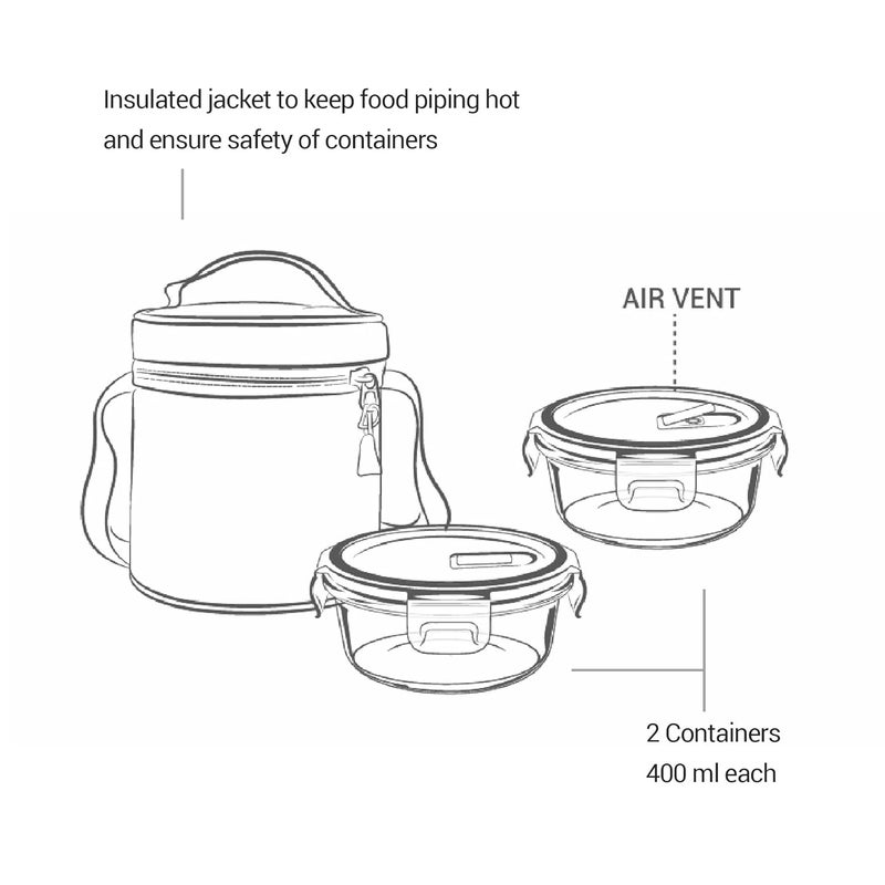 TREO by Milton All Fresh Glass Lunch Box Set of 2, Clear, 400 ml Each with Lunch Bag, Microwave & Dishwasher Safe, Leak Proof Containers, Borosilicate Glass, Office Tiffin - Image 4