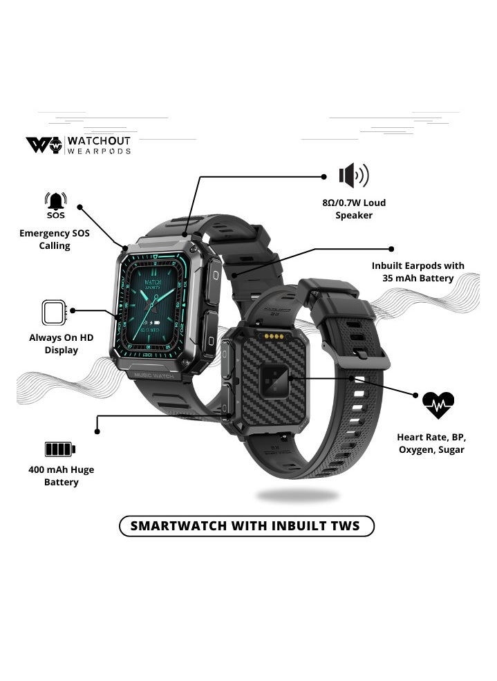 WatchOut Wearables WatchOut WearPods Teens Smartwatch with Wireless Earbuds, GPS Fitness Tracker, Music Storage, Heart Rate, Always-on HD Display, Best Headphones & Smart Watch in one Gift for GenZ (Black Commando)  - Image 4