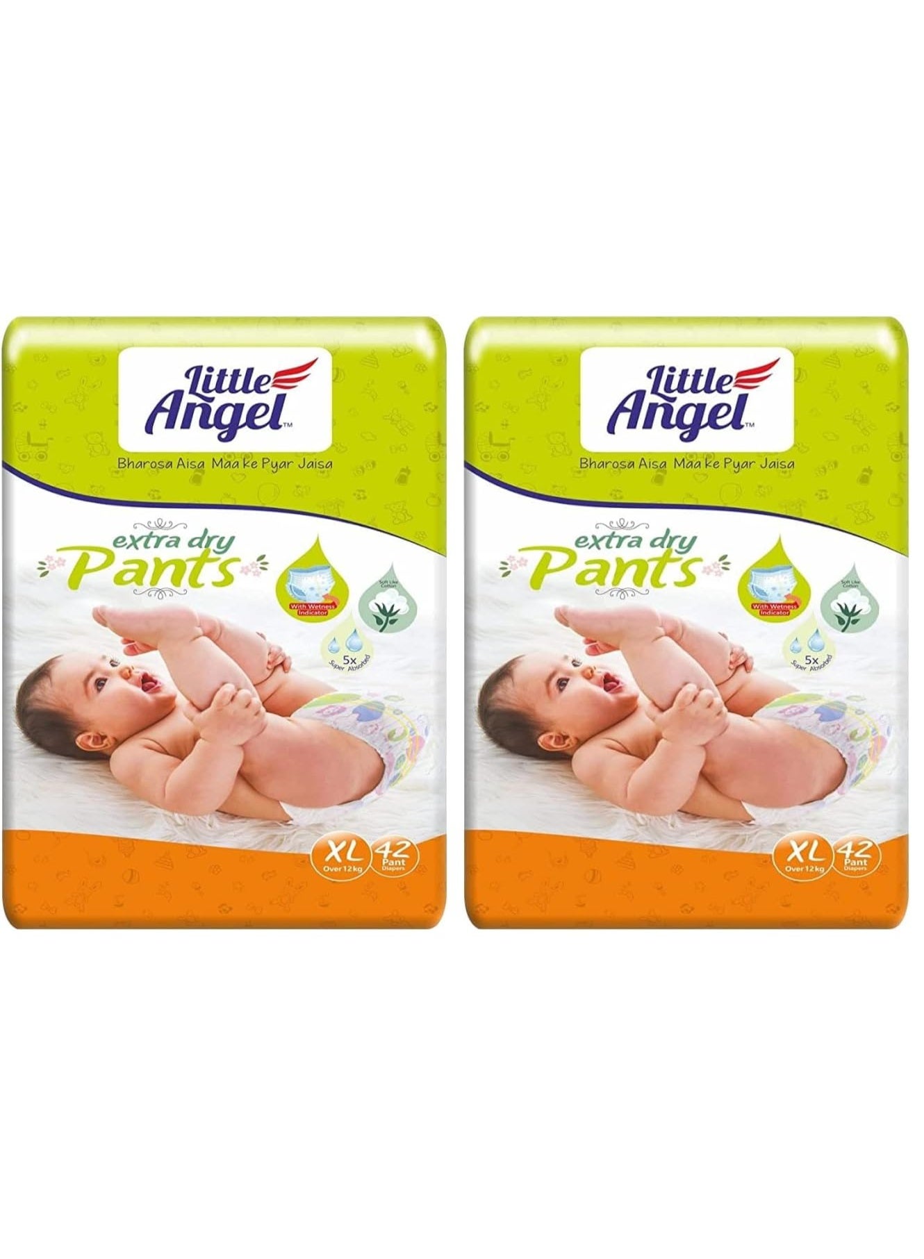 Little Angel Extra Dry Baby Pants Diaper, Extra Large (XL) Size, 42 Count, Super Absorbent Core Up to 12 Hrs. Protection, Soft Elastic Waist Grip & Wetness Indicator, Pack of 2, Over 12kg
