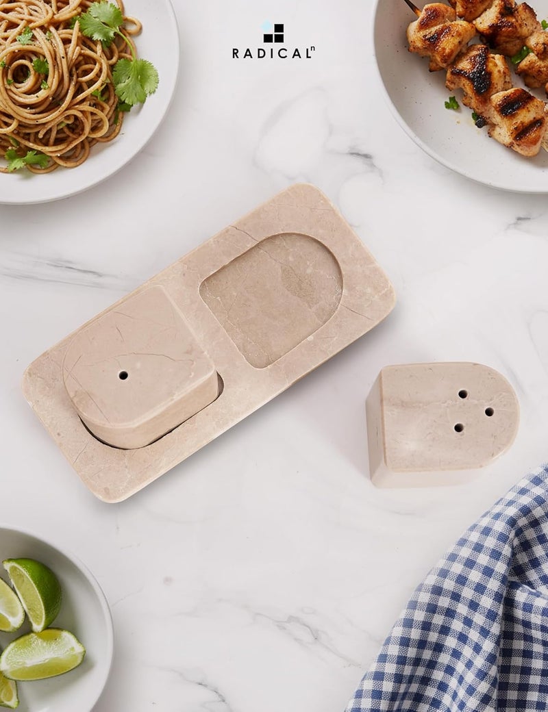 RADICALn Handmade Verona Marble Salt & Pepper Shakers – 2.5 Inch Saleros with Tray, Kitchen Counter Seasoning Containers, Pink Salt Holder, Stylish Spice & Table Décor - Image 2