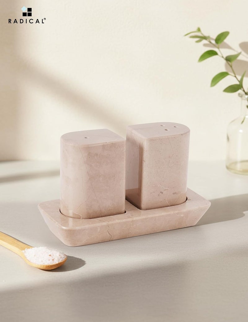 RADICALn Handmade Verona Marble Salt & Pepper Shakers – 2.5 Inch Saleros with Tray, Kitchen Counter Seasoning Containers, Pink Salt Holder, Stylish Spice & Table Décor - Image 5