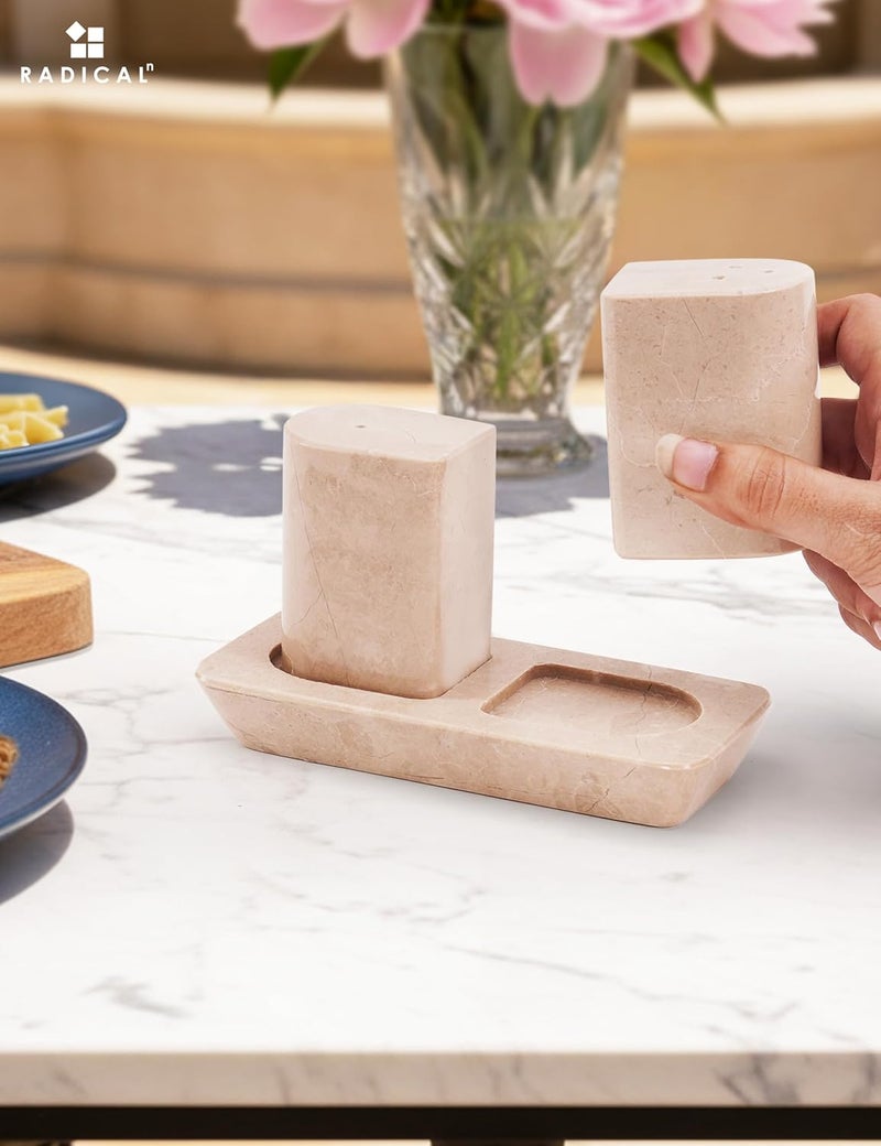 RADICALn Handmade Verona Marble Salt & Pepper Shakers – 2.5 Inch Saleros with Tray, Kitchen Counter Seasoning Containers, Pink Salt Holder, Stylish Spice & Table Décor - Image 3