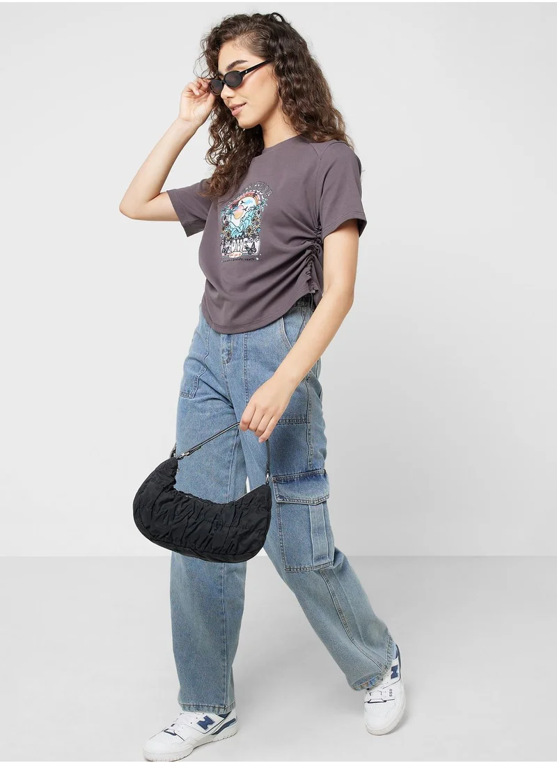 جينجر Ruched Tie Up Graphic Tshirt