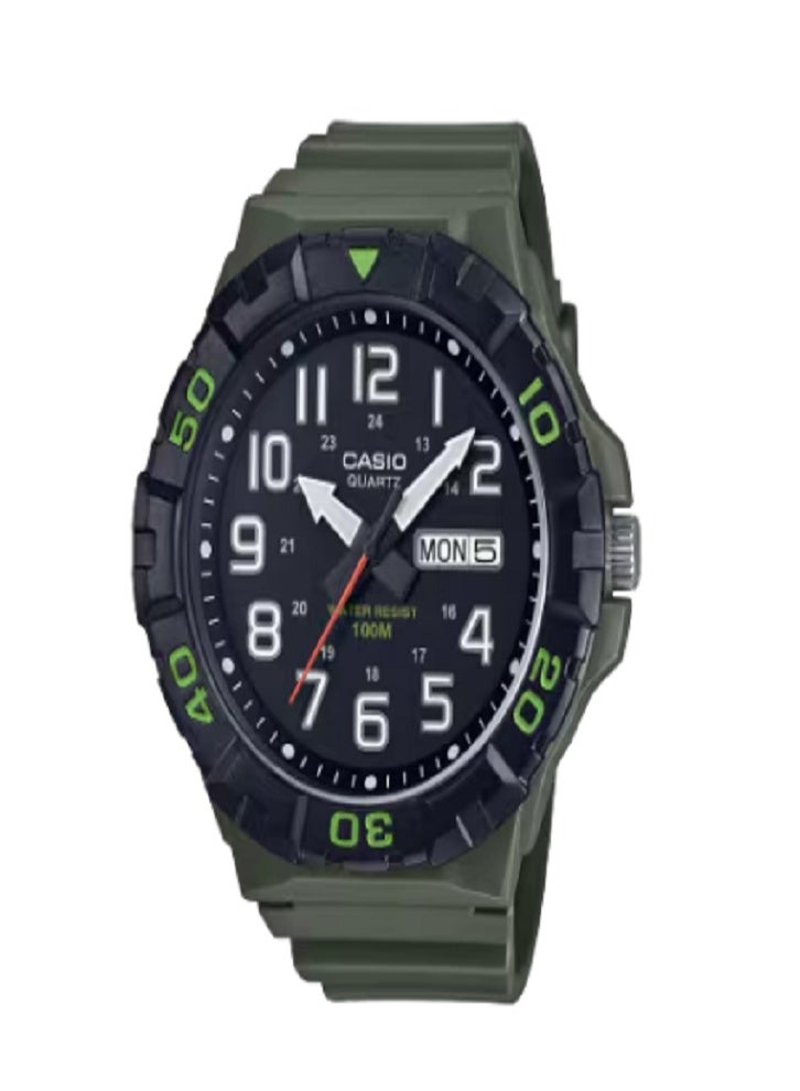 Casio Men’s Green Dial Analog Sports Watch – 100M Water Resistance, Rotating Bezel & Durable Resin Strap for Outdoor Performance