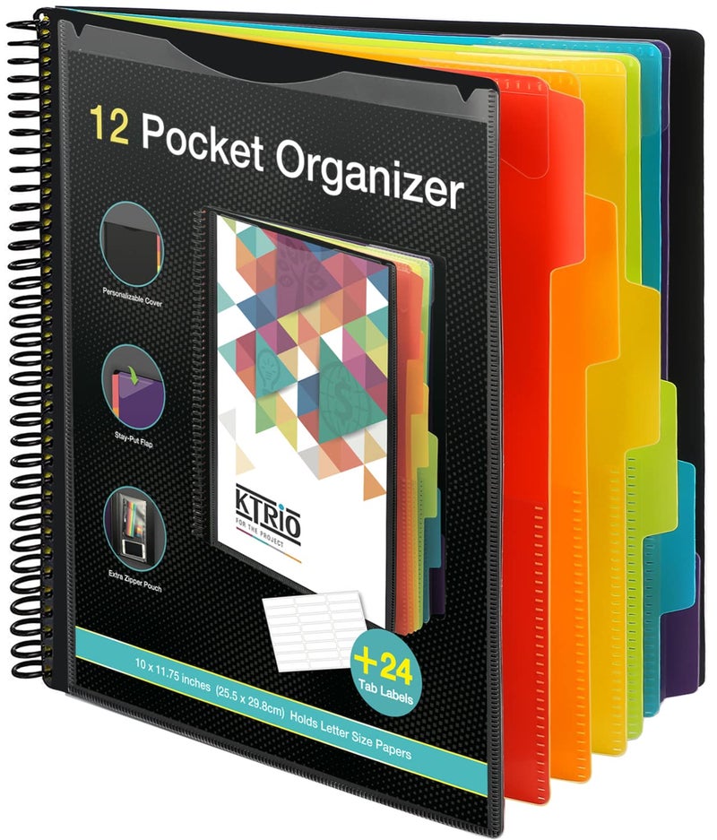 KTRIO 12 Pocket Poly Project Organizer, Spiral Binder Organizer Multi Pocket Folder with Dividers, Back Cover Utility Pouch, Letter Size School Supplies - Image 1