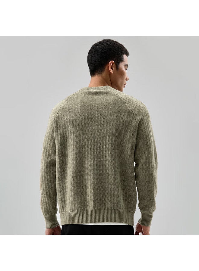 Markless Men's Autumn Winter Warm Knitted Sweater Jacquard Round Neck Pullover Khaki L 4702 - Image 3