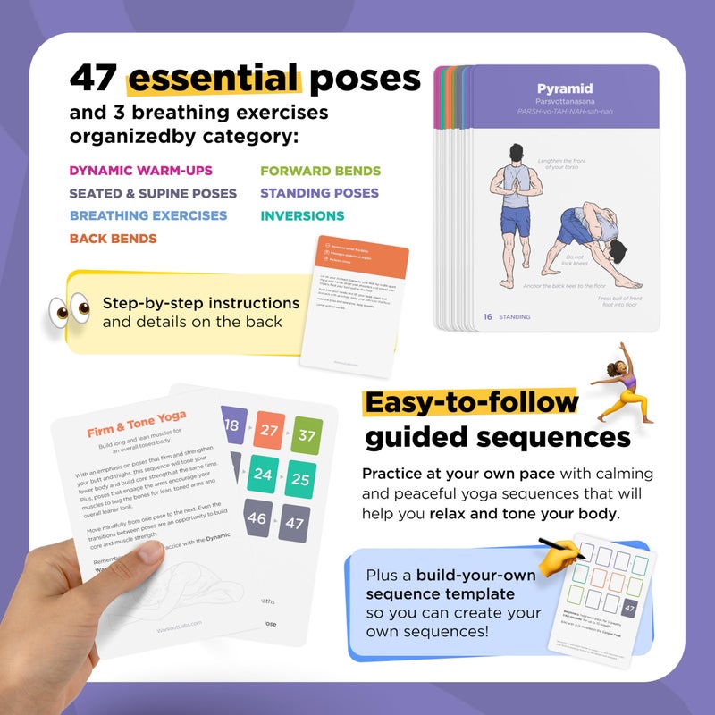WorkoutLabs Yoga Cards â€“ Beginner: Visual Study, Class Sequencing & Practice Guide with Essential Poses, Breathing Exercises & Meditation Â· Plastic Flash Cards Deck with Sanskrit - Image 3