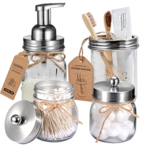 Amolliar Mason Jar Bathroom Accessories Set 4Pc - Foaming Soap Dispenser&2 Qtip Holders&Toothbrush Holder-Rustic Farmhouse Decor Bathroom Organizer Apothecary Jar Country Countertop (Brushed Nickel) - Image 1