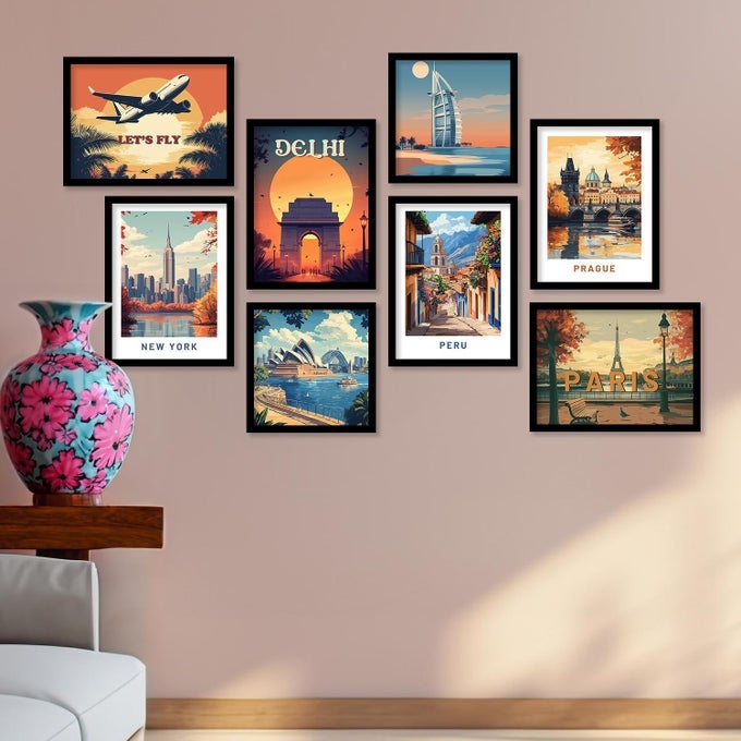 RETRO TRAVEL THEME WALL POSTER WITH FRAME FOR ROOM OFFICE LIVING ROOM HOTEL HOME DECOR MODERN ART CITY VIBES WALL DECOR PHOTO FRAMES FRAMED POSTERS PAINTINGS SET OF 8 ART 3 SMALL10X13 OR 10X10 INCH FRAMED