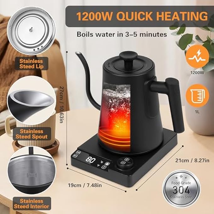 ريحني غلاية كهربائية من عنق الإوزة 1 لتر من الفولاذ المقاوم للصدأ مع تحكم بدرجة حرارة بفاصل حرارة 1200 واط تسخين سريع - Image 3