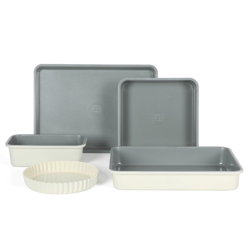 Sur La Table Kitchen Essential Carbon Steel Baking Pans Bakeware Set WPremium PFOA PFAS PTFE Free Grey Non stick  Linen White Exterior