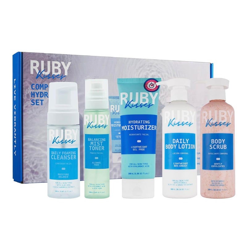Ruby Kisses Complete Hydration Skincare Set Face  Body Essentials Includes Daily Foaming Cleanser Balancing Mist Toner Daily Body Lotion Gentle Body Scrub Korean Skincare
