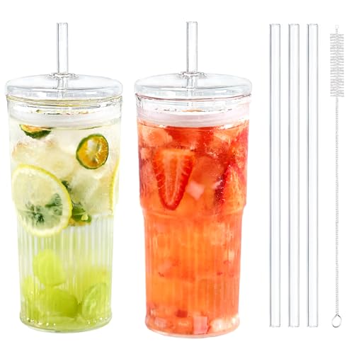 Puraville 20oz Glass Cups with Lids and Straws, 2 Pack High Borosilicate Iced Coffee Cups Drinking Glasses Tumbler for Smoothie, Water, Tea, Juice Drinks, Clear - Image 1