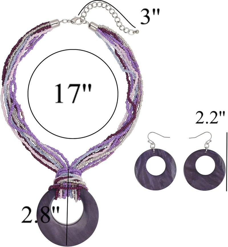 Coiris Multi Strand Statement Colorful Beaded Necklace with Big Circle Shell Pendant for Women - Image 2