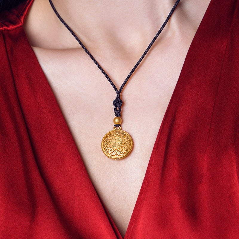 Generic Vietnam Sand Gold Eight Treasures Fugui Hollow Lotus Pendant Brass Gold Plated Ancient Forte Lotus Compass Pendant Necklace Eight Treasures Fuguilian Pendant Gold Beads Black Rope 