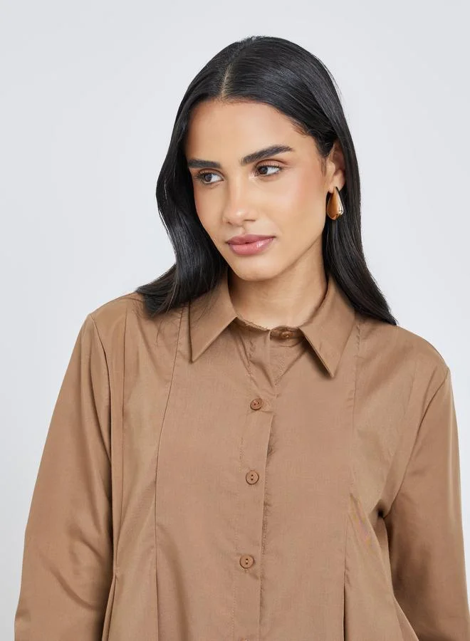 Styli Styli Flared Box Pleat Shirt with Long Sleeves