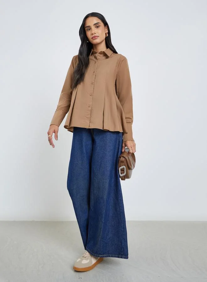 Styli Styli Flared Box Pleat Shirt with Long Sleeves