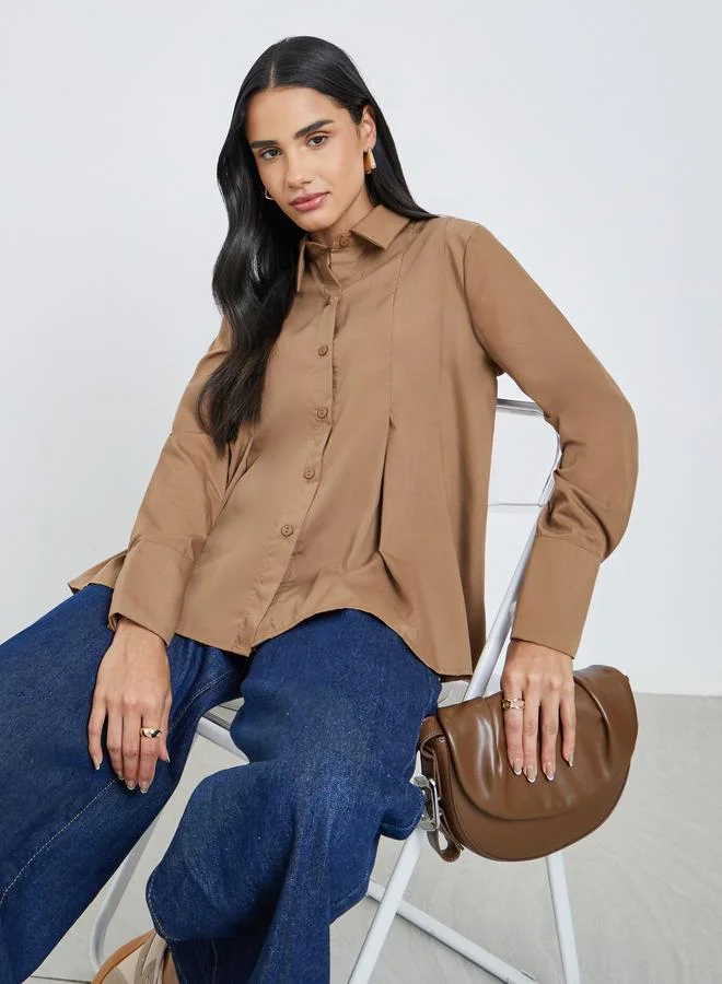 Styli Styli Flared Box Pleat Shirt with Long Sleeves