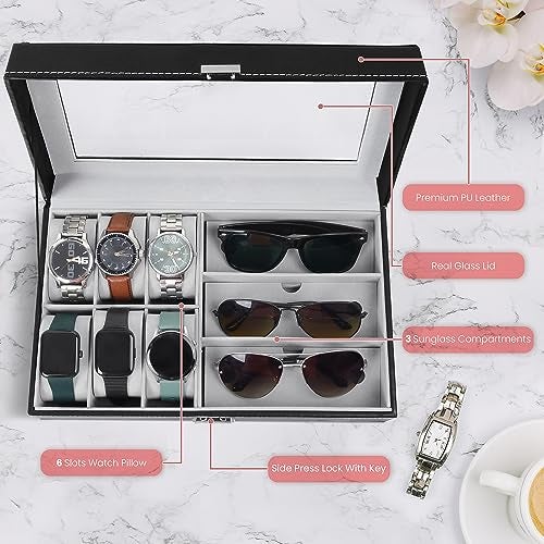 ABOUT SPACE Watch Box - PU Leather Watch Organizer Case & Sunglass Box for Men & Women with Press Lock & Key, 6 Removable Watch Slots & 3 Sunglass Slots with Clear Display (Black-D 33 X W 20 x H 8 cm) - Image 3
