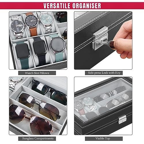 ABOUT SPACE Watch Box - PU Leather Watch Organizer Case & Sunglass Box for Men & Women with Press Lock & Key, 6 Removable Watch Slots & 3 Sunglass Slots with Clear Display (Black-D 33 X W 20 x H 8 cm) - Image 4