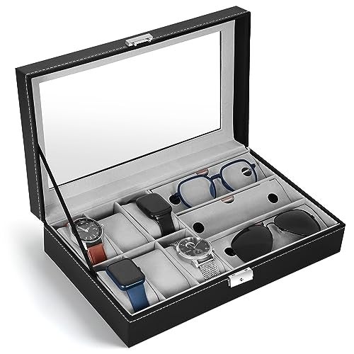 ABOUT SPACE Watch Box - PU Leather Watch Organizer Case & Sunglass Box for Men & Women with Press Lock & Key, 6 Removable Watch Slots & 3 Sunglass Slots with Clear Display (Black-D 33 X W 20 x H 8 cm) - Image 1