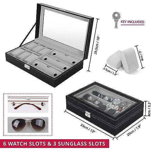 ABOUT SPACE Watch Box - PU Leather Watch Organizer Case & Sunglass Box for Men & Women with Press Lock & Key, 6 Removable Watch Slots & 3 Sunglass Slots with Clear Display (Black-D 33 X W 20 x H 8 cm) - Image 2