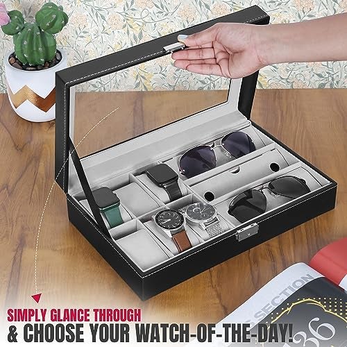 ABOUT SPACE Watch Box - PU Leather Watch Organizer Case & Sunglass Box for Men & Women with Press Lock & Key, 6 Removable Watch Slots & 3 Sunglass Slots with Clear Display (Black-D 33 X W 20 x H 8 cm) - Image 5