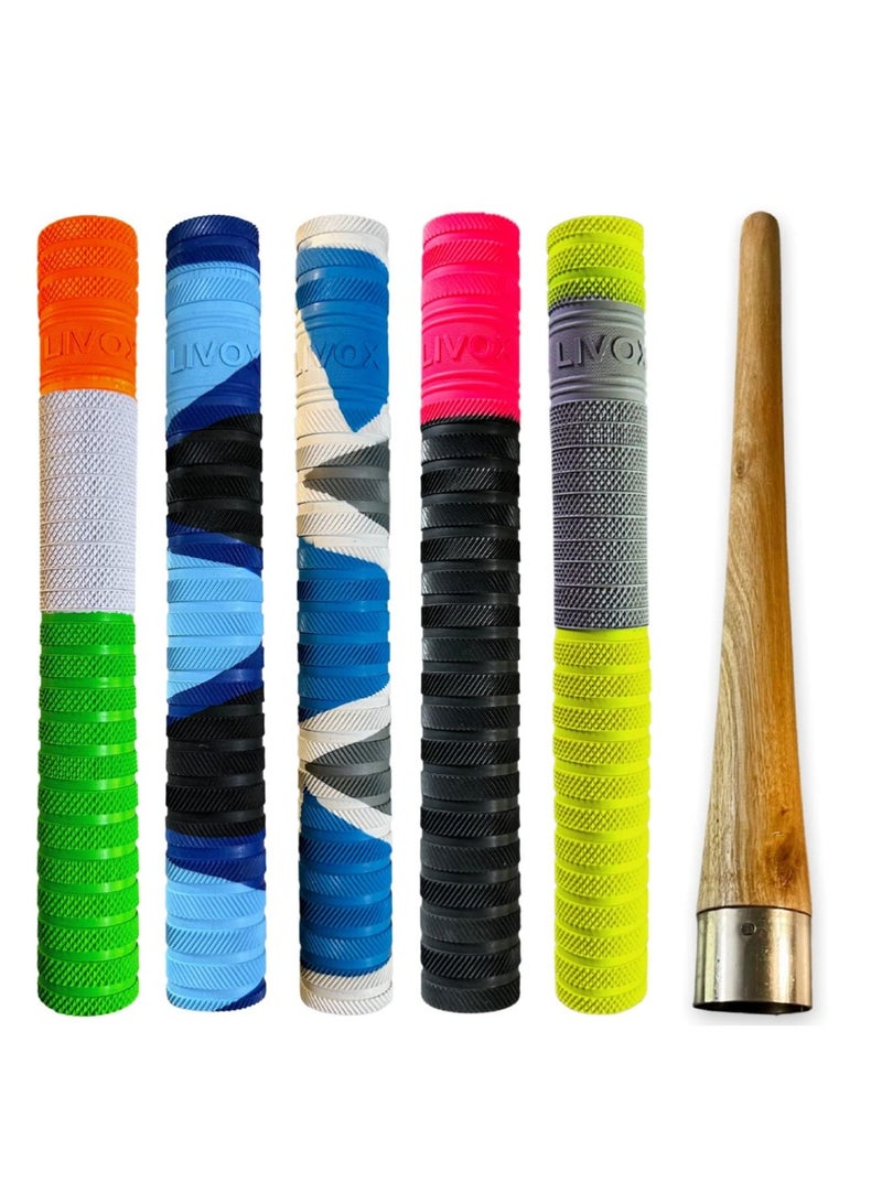 LIVOX® Premium Cricket Bat Handle Rubber 5 Grips for Enhanced Performance With Better Shock Absorption And 1 Wooden Gripper Cone (pack of 6) - Image 1