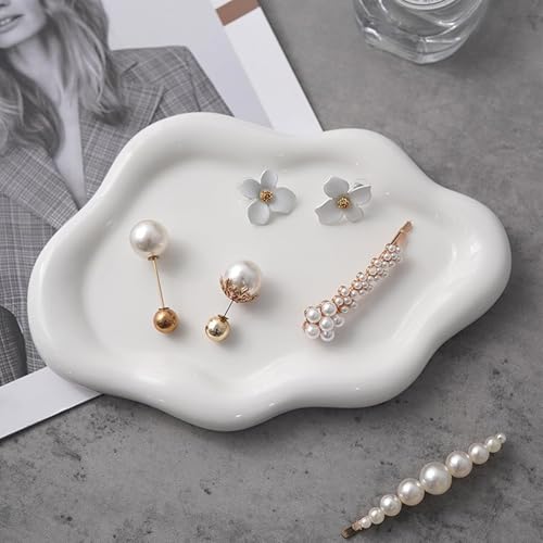 BESSKON Small Jewelry Dish for Women, Gifts for Mom, Ceramic Jewlery Tray Ring Holder, Vanity Ring Dish Cute Cloud Tray, Nightstand Decor Trinket Bowl for Earrings, Perfume, Keys, White Jewelry Plate - Image 5