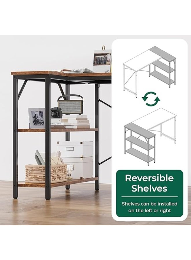 L-Shaped Computer Desk with Reversible Storage Shelves, Home Office Corner Desk for Work & Study, Rustic Brown Wood with Metal Frame - Image 4