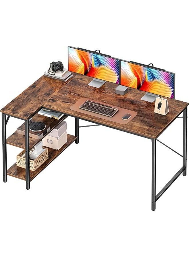 L-Shaped Computer Desk with Reversible Storage Shelves, Home Office Corner Desk for Work & Study, Rustic Brown Wood with Metal Frame - Image 1