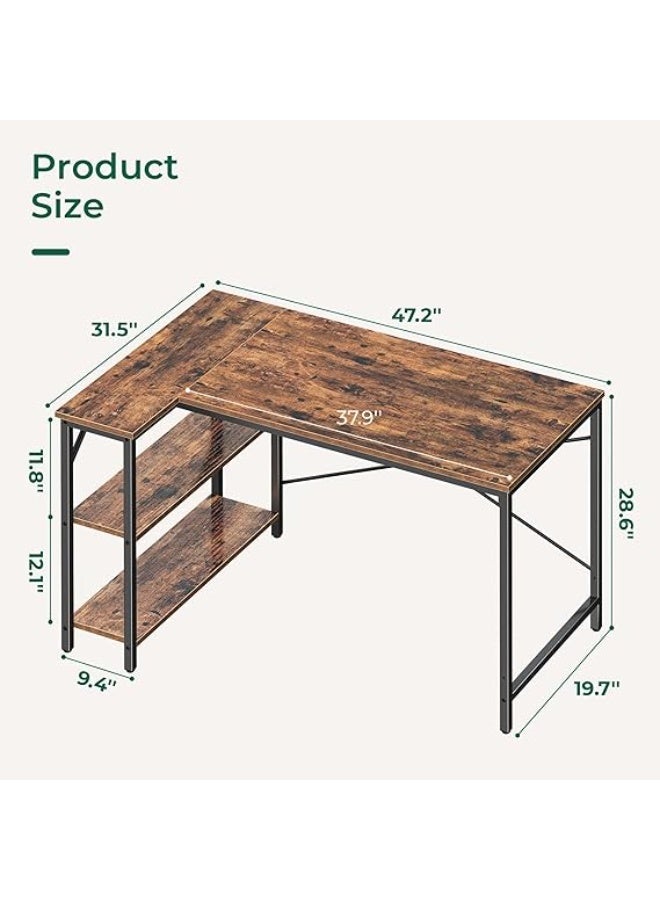 L-Shaped Computer Desk with Reversible Storage Shelves, Home Office Corner Desk for Work & Study, Rustic Brown Wood with Metal Frame - Image 2