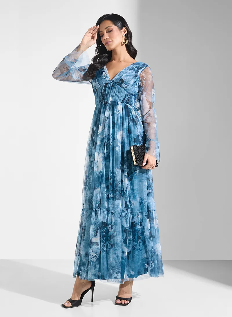 Lace and Beads Floral Chiffon Maxi Dress
