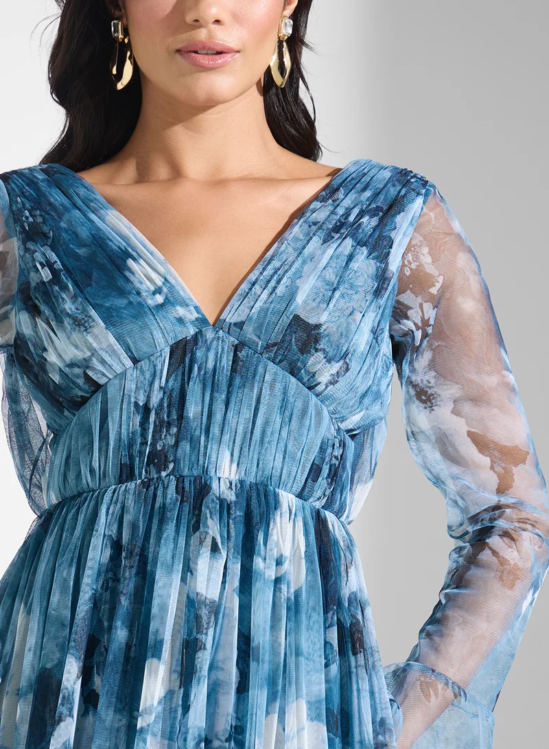 Lace and Beads Floral Chiffon Maxi Dress