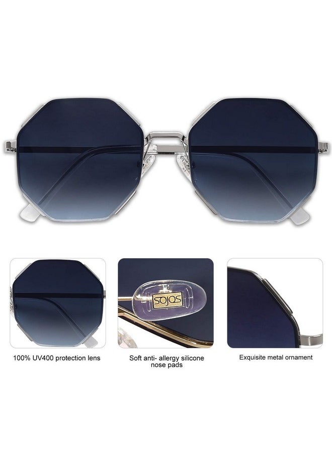 Sojos Sunglasses For Women Men Classic Retro Polygon Shades Uv400 Sj1128 With Silver Frame Gradient Blue Lens  - Image 3