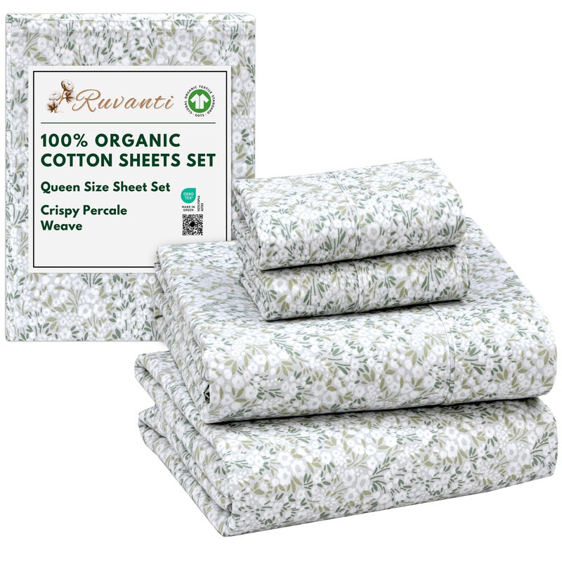 RUVANTI 100% Organic Cotton Sheets Queen Size, Percale Weave, GOTS Certified, 4-Piece Set, Deep Pocket 15", Crisp & Breathable, Soft Durable Bedding, SÃ¡banas AlgodÃ³n OrgÃ¡nico â€“ Floral Rush - Image 1