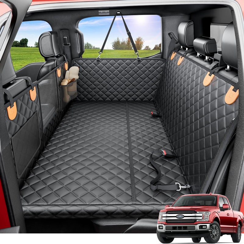 REEVAA Dog Truck Seat Cover for Back Seat, Hard Bottom Dog Hammock for Car, Pet Bed Extender for 2-4 Large Dogs, Waterproof Seat Protector, Universal XL Size Fits for Crew Cab Truck/SUV, Black+Orange - Image 1
