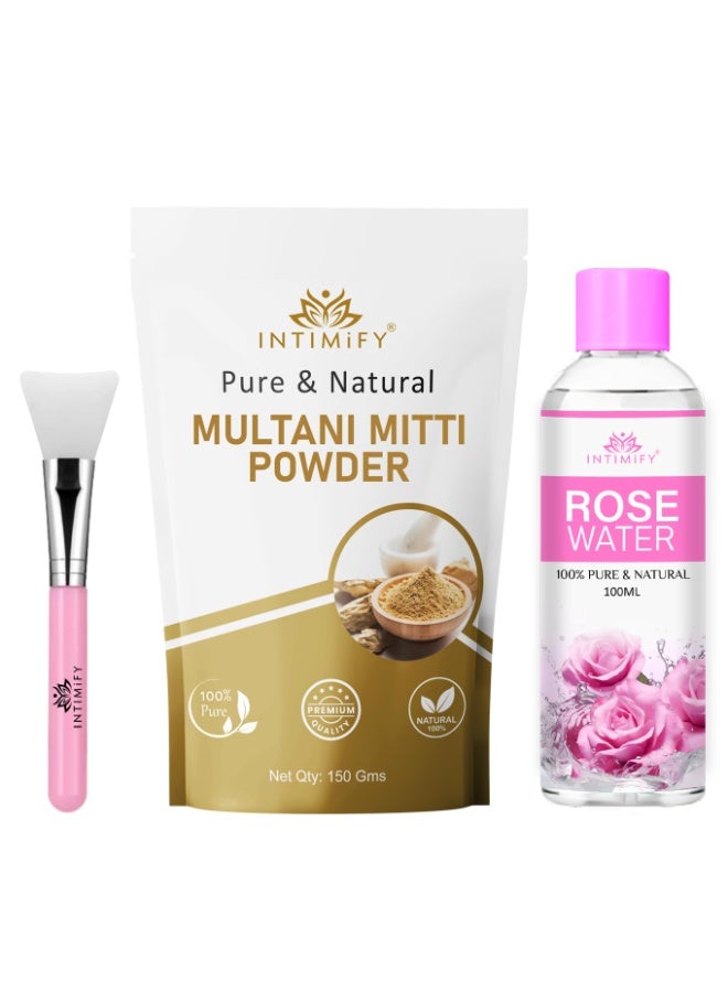INTIMIFY Multani Mitti Powder For Face Pack 150g,rose water 100ml,brush - Image 1