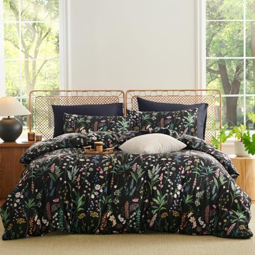CCoutueChen Floral Duvet Cover Queen Black 3 Pieces Elegant Botanical Flower Bedding Set Farmhosue Aesthetic Bedding Soft Microfiber Duvet Cover Set with 2 Pillowcases - Image 1