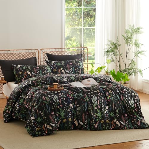 CCoutueChen Floral Duvet Cover Queen Black 3 Pieces Elegant Botanical Flower Bedding Set Farmhosue Aesthetic Bedding Soft Microfiber Duvet Cover Set with 2 Pillowcases - Image 2
