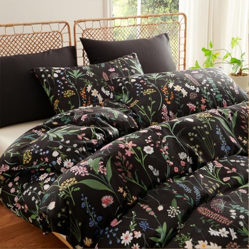 CCoutueChen Floral Duvet Cover Queen Black 3 Pieces Elegant Botanical Flower Bedding Set Farmhosue Aesthetic Bedding Soft Microfiber Duvet Cover Set with 2 Pillowcases - Image 5