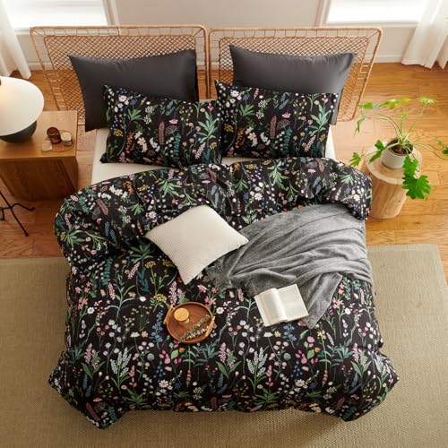 CCoutueChen Floral Duvet Cover Queen Black 3 Pieces Elegant Botanical Flower Bedding Set Farmhosue Aesthetic Bedding Soft Microfiber Duvet Cover Set with 2 Pillowcases - Image 4